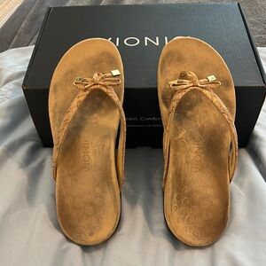 Very comfortable Tan Vionic sandals. Suede with Brass for Accents.